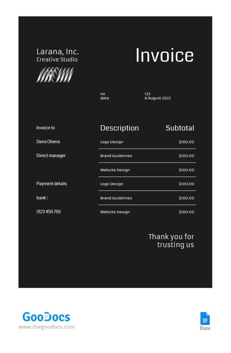 Black+Creative+Invoice Creative Invoice Design, Invoice Design Template Free, Invoice Design Creative, Student Business Cards, Dental Business Cards, Restaurant Brochures, Event Planner Business Card, Barber Business Cards, Music Business Cards