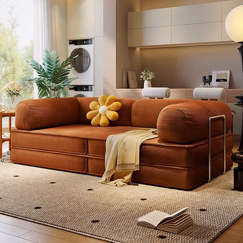 78.7" Modern Corduroy Upholstered Convertible Sofa Bed 3 Seater Sleeper Deep Seat Sofa Couches in Orange for Living Room, Guest Living Room Bed Guest Living Room, Small Couch In Bedroom, Diy Sofa Bed, Upholstered Sofa Bed, Deep Seat Sofa, Deep Couch, Small Sofa Bed, Single Sofa Bed, Sofas For Small Spaces