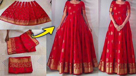 Long frock design trends Dress Made With Saree, Front Neck Design For Gown, Saree To Salwar Convert, One Piece Anarkali Dress, One Piece Dress Of Saree, Anarkali Dress Front Neck Designs, How To Make Frock For Women, Saree Anarkali Dress Pattern, Long Gown Dress From Saree Back Design