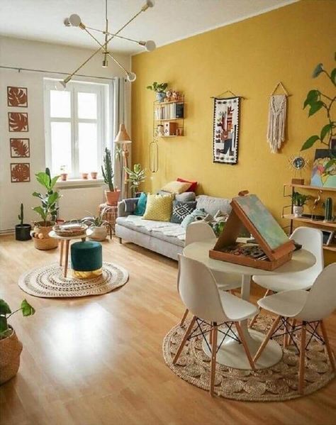 Lots Of Plants, Living Room Wall Color, Room Wall Colors, Yellow Room, Yellow Home Decor, Yellow Living Room, Yellow Walls, Wall Color, Room Colors