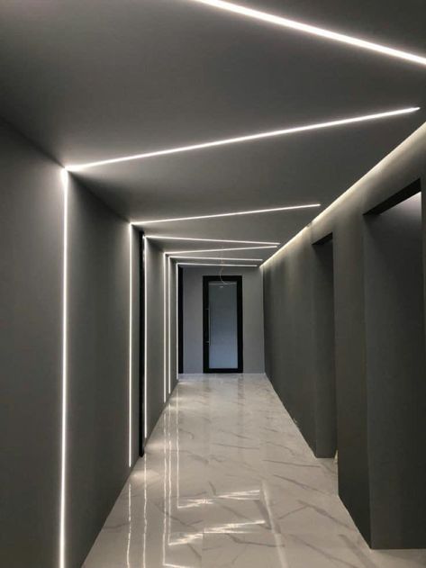 Led Strip Lights Ceiling, Hallway Strip Lighting, Hallway Led Strip Lighting, Led Ceiling Strip Light, Led Strip Ceiling Lighting Ideas, Dry Wall Ceiling Design, Led Strips Ideas, Ceiling Led Strip Lighting Ideas, Strip Ceiling Lights