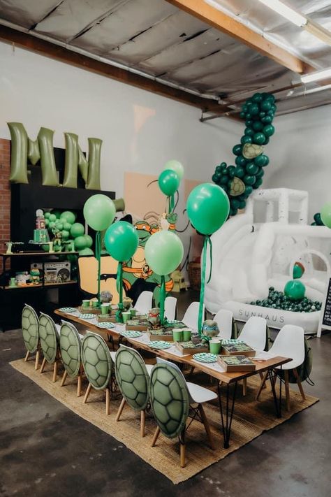 Tmnt Themed Party, Tmnt Birthday Decorations, Turtle Birthday Theme, Ninja Turtle Birthday Theme, Balloon Lettering, Tmnt Birthday Party Ideas, Ninja Turtle Cookies, Turtle Pizza, Ninja Turtle Birthday Cake