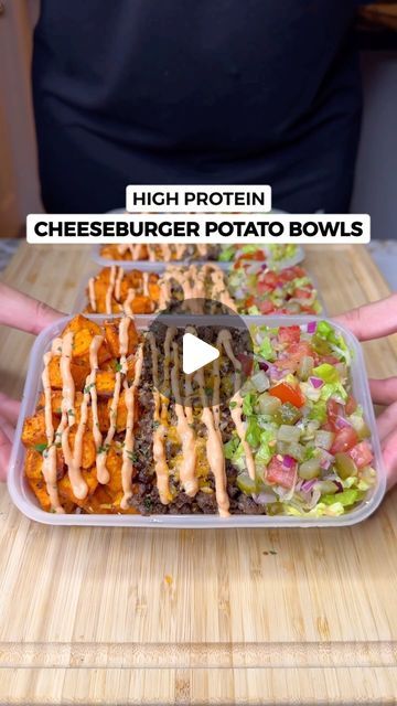 Jalal on Instagram: "High Protein Cheese Burger Potato Bowls! Only 493 Calories🍔🍟🧀  Tastes just like you’re eating a burger! One of the tastiest and easiest meal preps, high in protein and volume with low carbs and calories💪🏽🔥  Macros Per Serving (4 Servings Total)  493 Calories | 50g Protein | 37g Carbs | 15g Fat  Ingredients (To Make 4 Servings)  - 800g Raw Sweet Potatoes cut into small cubes - 1 Tsp Salt - 1 Tsp Black Pepper - 1 Tsp Garlic Powder - 1 Tsp Onion Powder - 1 Tsp Smoked Paprika - 2 Tsp Olive Oil  - 800g 5% Fat Ground Beef (I get mine from @saffron_alley ) - Season with Salt & Pepper on both sides - 30g Light Butter (for cooking + extra once cooked) - 80g Light Cheddar Cheese (use any cheese)  Special Sauce  - 100g Light Mayonnaise - 80g Reduced Sugar Ketchup - 20-30g Y Low Carb Burger Bowl, High Protein Burger Bowl, Sweet Potato Burger Bowl, High Protein Sweet Potato Recipes, Burger Bowl Meal Prep, Cheese Burger Bowl, Burger Meal Prep, Quick High Protein Dinner, Burger Bowls Recipe