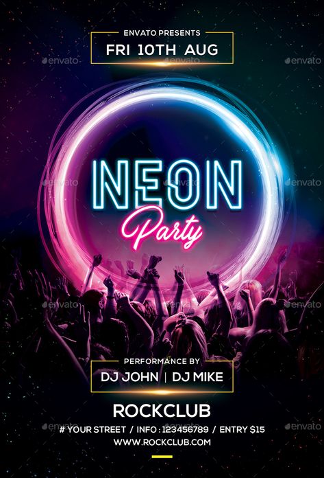 Neon Party #Neon, #Party Neon Party Poster, Party Banner Design, Party Design Poster, Neon Poster, Flyer Design Layout, Portfolio Template Design, Music Festival Poster, Neon Backgrounds, Photoshop Tutorial Design