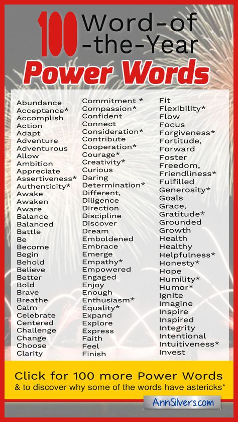 Some people like to pick a Word-of-the-Year as their form of New Year's resolution. It sets an intention for your year. Here's a list to help you get started thinking about your word(s) for 2021. For more on how to use these words: https://annsilvers.com/blogs/news/200-word-of-the-year-power-words-for-your-new-year-goals Power Words, Year Goals, Word Of The Year, Essay Writing Skills, Good Vocabulary Words, Interesting English Words, Empowering Words, Good Vocabulary, English Writing Skills