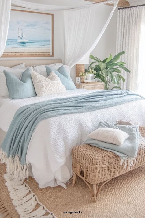 Diy Beachy Room Decor, Bedroom Ideas Beachy, Beach Vibe Bedroom, Bedroom And Dressing Room, Lake Bedroom, Coastal Cottage Bedroom, Coastal Bedroom Decor, Costal Bedroom, House Bungalow