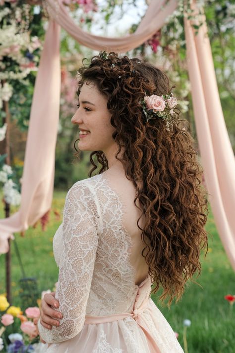 Elevate your bridal look with this breathtaking hairstyle designed specifically for curly hair. Embrace your natural texture as soft, cascading curls frame your face, creating a romantic and ethereal vibe. This stylish updo combines elegance and charm, making it a perfect choice for brides who want to highlight their beautiful curls. Discover the magic of wedding hairstyles that celebrate your unique beauty! #weddinghairstyles #curlyhair #bridalhairstyles Curly Down Wedding Hair, Curly Haired Bride, Curly Hair Wedding Veil, Curly Hairstyles Wedding The Bride, Naturally Curly Wedding Hair With Veil, Wedding Hair For Curly Natural Curls, Curly Hairstyles For Bride, Long Curly Bridal Hair, Curly Hair Bride Hairstyles