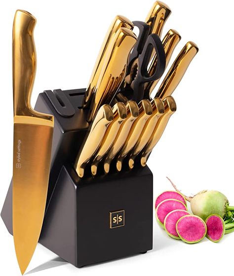 Looking for a way to modernize your kitchen? This elagant knife set is the perfect way!

Description: Black and Gold Knife Set with Block - 14 Piece Gold Knife Set with Sharpener Includes Full Tang Gold Knives and Self Sharpening Knife Block Set - Black and Gold Kitchen Accessories, Gold Kitchen Decor Gold Aesthetic Kitchen, White Kitchen Knife Set, Gold Knife Set, Gold Kitchen Utensils, Gold Utensils, Black And Gold Kitchen, Gold Knife, Gold Kitchen Accessories, Black Kitchen Decor