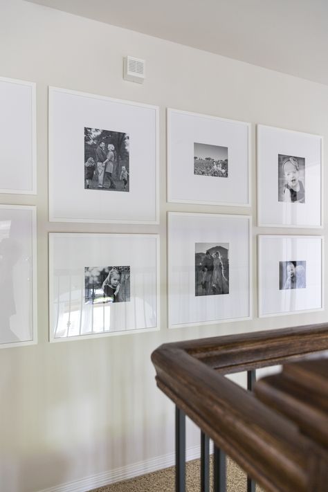 Gallery Wall with Custom Picture Frames - Crazy Wonderful Wall Picture Frame Ideas Living Room, Assorted Mirrors On Wall, Top Of Stairway Wall Decor, Frame Pictures On Wall, End Of Hall Gallery Wall, Corner Gallery Wall With Chair, Large Gallery Wall Hallway, Dining Room Gallery Wall Ideas Modern, Gallery Wall On White Walls