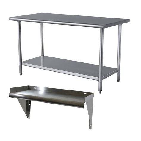 Stainless Steel Work Table and Adjustable Galvanised Metal Work Shelf Set Commercial Bakery Kitchen, Bakery Floor Plan, 40s Home, Kitchen Equipment List, Starting A Bakery, Stainless Steel Kitchen Shelves, Flea Market Business, Federal House, Updating Kitchen