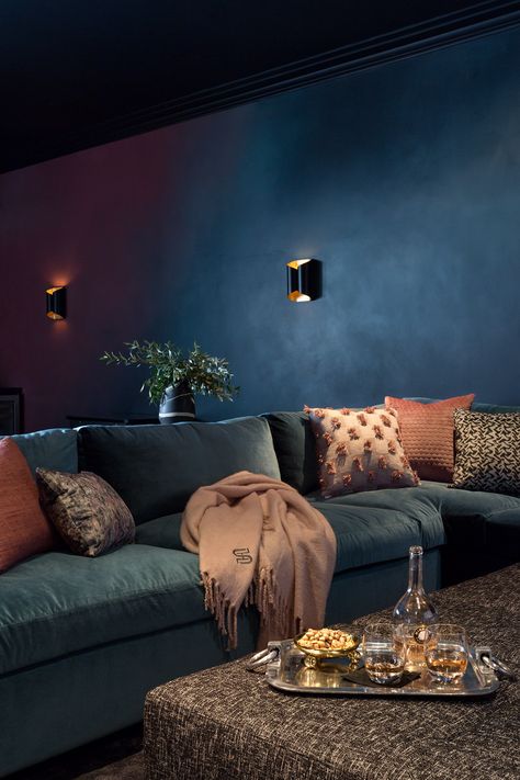 These Basement Paint Colors Will Make Your Walls Feel Both Timeless and Fresh | Hunker Media Room Paint Colors, Sala Cinema, Basement Movie Room, Basement Paint Colors, Contemporary Basement, Basement Painting, Dark Basement, Blue Sectional, Media Room Design