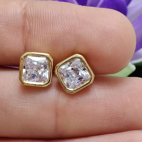 6MM Each Square Radiant Moissanite Bezel Set Stud Earrings, 14k Gold Solitaire Bezel Set Push Back Earrings For Her, Wedding Gold Earrings Square Diamond Earrings, Radiant Moissanite, Bezel Earrings, Yellow Gold Solitaire, Antique Wedding, Solitaire Studs, Moissanite Earrings, Earrings Diamond, Gold Stud Earrings