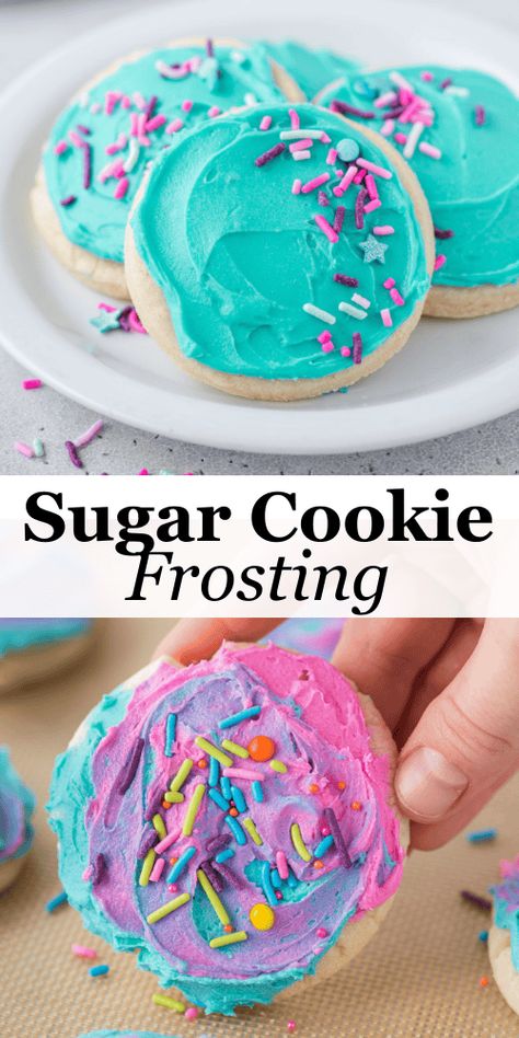 This is the sugar cookie frosting recipe you've been searching for! Made in just 5 minutes with 6 base ingredients and whatever color gel food coloring you want, this recipe is perfect for everything from simple cookies to intricate designs. Eileen’s Cookies Frosting Recipe, Easy Sugar Cookie Icing No Corn Syrup, Butter Cream Icing For Sugar Cookies, Sugar Cookie Frosting Fluffy And Stackable, Easy Homemade Frosting For Sugar Cookies, Recipe For Icing For Sugar Cookies, Simple Sugar Cookie Frosting, Homemade Cookie Frosting Recipes, How To Frost Cookies With Buttercream