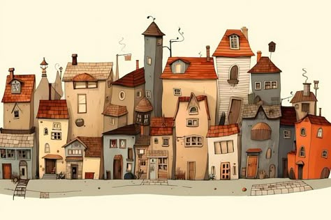 Town Illustration Buildings, Steampunk Drawings, Town Illustration, Cityscape Illustration, Town Drawing, Book City, City Drawing, Architecture Drawing Art, House Illustration