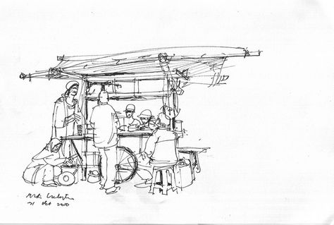 street vendor by rudi ' sketch, via Flickr Street Vendor Design, Street Vendor Drawing, Nasa Sketch, Community Sketch, Buildings Drawings, Street Sketch, Memory Drawing, Architecture Design Presentation, Conceptual Sketches