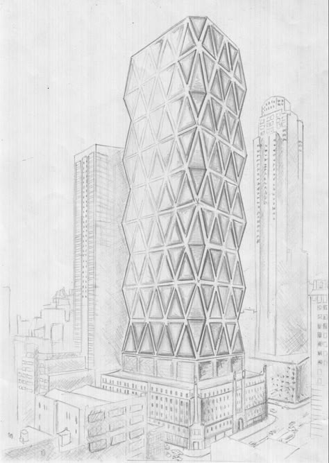 Hearst Tower Sketch, Tower Sketch, Hearst Tower, Tower Drawing, Cityscape Drawing, Architecture Blueprints, Architecture Design Process, Architecture Drawing Sketchbooks, Perspective Drawing Architecture