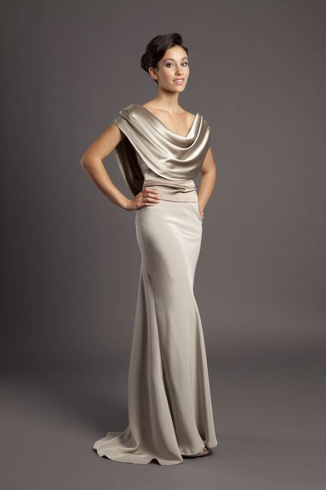 Cowl drape bias-cut gown in champagne & taupe crepe back satin.  Separate sash with floor-length back ties.  From Luke Aaron Bridal Silk Dresses Designs, Bridesmaid Silk Dresses, Wedding Dress Silk Satin, Long Silk Dresses, Cowl Back Wedding Dress, Cowl Neck Wedding Dress, Wedding Dress Silk, Black Tie Attire, Mother Clothing