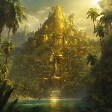 El Dorado, legendary, gold, city, ju - AlsadigGallery of Artworks Book Space, Lost Island, City Of Gold, Gold City, Fantasy Architecture, Golden City, Amazon Rainforest, Hanging Garden, Ancient Romans