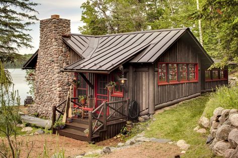 You Can Stay in an Architect's Dreamy Adirondack-Inspired Lake Cabin - TownandCountrymag.com Porch Roofs, Simple Cabin, Metal Porch, Stone Chimney, Cabin Exterior, Cottage Cabin, Cabin Living, Little Cabin, Log Cabin Homes