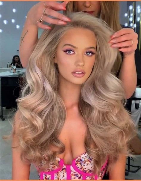 Blonde Model Hair, Long Blond Beach Waves, Blonde Barbie Hair, Big Pageant Hair, Barbie Inspired Hair, Barbie Inspired Hairstyles, Barbie Long Hair, Barbie Blonde Hair, Pageant Hair And Makeup