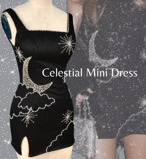 Cloud Theme Outfit, Beaded Moon, Midnight Sparkle, Celestial Dress, Celestial Style, Sparkle Fabric, Midnights Era, Sparkly Mini Dress, Moon Dress