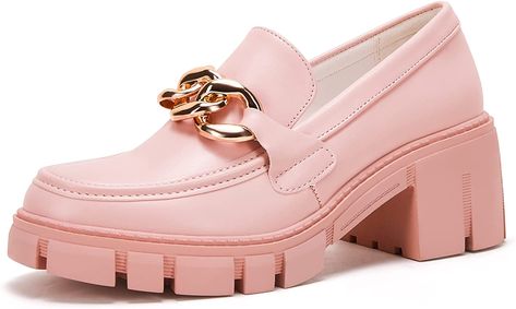 Loafers With Chain, Chunky Platform Loafers, Womens Penny Loafers, Pink Loafers, Backless Loafers, Womens Low Heels, Pink Platform, Loafers Women, Platform Mules