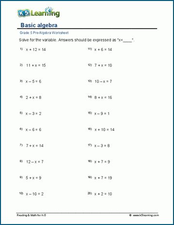 Students solve basic algebraic equations using the 4 operations. Free | Worksheets | Grade 5 | Pre-Algebra | Printable Solve For X Worksheet, Simple Algebra Worksheets, Algebra Worksheets For Grade 6, Basic Algebra Worksheets, Algebra Equations Worksheets, Solving Algebraic Equations, Grade 6 Math Worksheets, 8th Grade Math Worksheets, Pre Algebra Worksheets