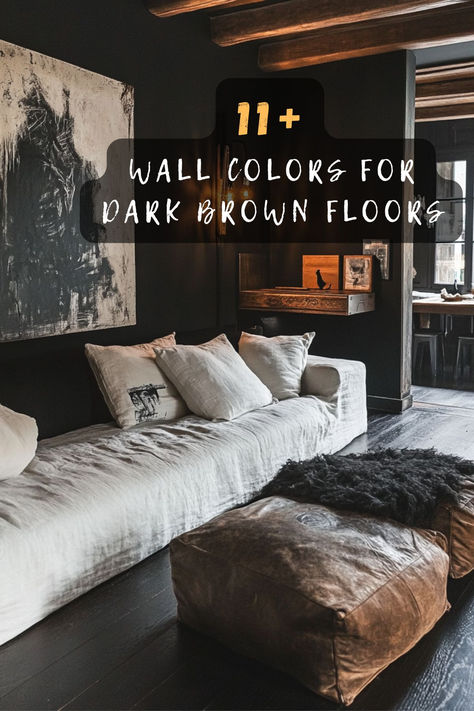 Take your space to the next level with these 11 wall color ideas for dark brown floors! From soft neutrals to bold contrasts, create a look that’s stylish and cohesive. 🤎✨ #WallColorsForBrownFloors #HomeDesignInspo #DarkBrownFloorIdeas #ChicAndTimeless #InteriorDesignTrends #ElegantSpaces #HomeDecorGoals Dark Floor Basement, Rooms With Black Floors, Black And Wood Basement, Basement Dark Floors, Accent Wall Colors Living Room, Dark Floors Living Room, Basement Colors Ideas, Dark Room Colors, Modern Wall Colors