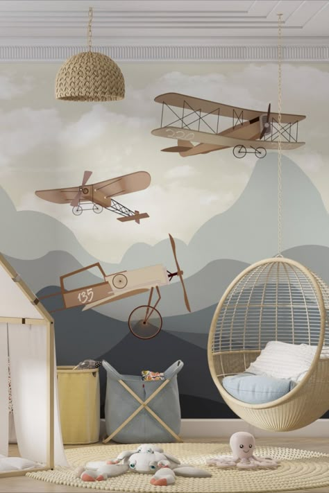 Airplane Themed Bedroom, Peel And Stick Wallpaper Kids, Wallpaper Boys Room, Kids Accent Wall, Earth Color Palette, Airplane Boys Room, Airplane In The Sky, The Sky Wallpaper, Airplane Bedroom