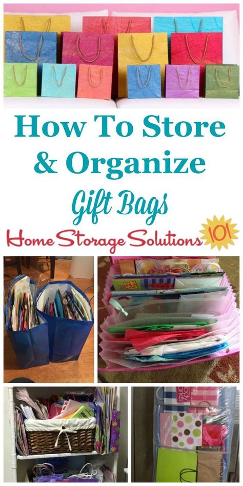 How to store and organize gift bags in your home, with lots of DIY methods and products you can use, as shown by real life pictures from readers {on Home Storage Solutions 101} #GiftBags #OrganizingTips #OrganizedHome Organizing Gift Bags Storage Solutions, Storing Wrapping Paper And Gift Bags, Gift Wrapping Supplies Organization, How To Store Wrapping Paper And Bags, Storage Ideas For Gift Bags, Organizing Wrapping Paper And Gift Bags, Organizing Gift Wrapping Supplies, Storing Gift Bags Storage Ideas, How To Store Paper Bags