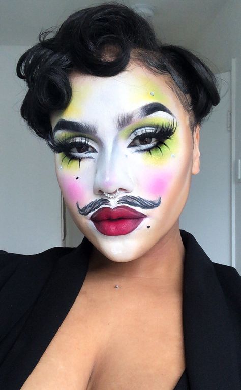 Masc Drag Makeup, Drag Makeup Inspiration, Drag Clown Makeup, Clown Drag Makeup, Bad Makeup Looks, Drag King Makeup Ideas, Drag Makeup For Women, Drag Eye Makeup, Drag Accessories