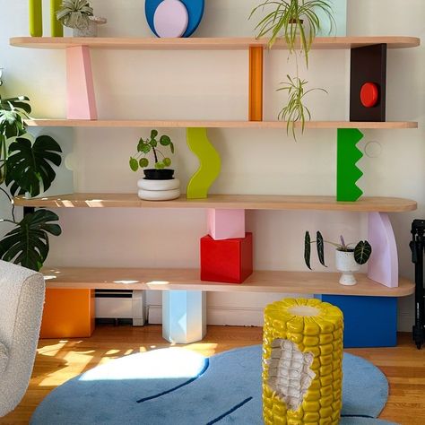 Corn Stool, Electric Home Decor, Colorful Furniture Living Room, Colorful Shelves, Designer Shelf, Postmodern Interior Design, Post Modern Design, Colourful Furniture, Colorful Shelf