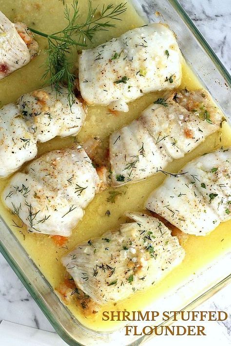 Delicious Shrimp Stuffed Flounder is easy and company-special. Filled with sautéed veggies and seasonings, it is a favorite fish dinner entree. #fishrecipes #fishtank #recipes #health #healthyrecipes #healthyfood #healthyliving B Liner Fish Recipes, Stuffed Fish Fillets, Crab Stuffed Flounder With Cream Sauce, Seafood Stuffing For Fish, Stuffed Sole Fish Recipes, Shrimp Stuffed Flounder, Flounder Fillet Recipes, Flounder Fish Recipes, Stuffed Flounder