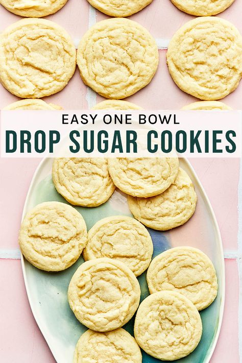 Drop Sugar Cookies A one-bowl scoop and bake cookie, these drop sugar cookies are the best speedy cookie. No chilling, no icing, just cookies! Almost as fast as pre-made cookie dough but tastes so much better. Fast And Easy Cookies, No Vanilla Extract Cookies, Easy Cookie Recipes No Butter, No Roll Sugar Cookies Easy, One Bowl Cookie Recipes, Easy One Bowl Cookies, Small Sugar Cookie Recipe, No Baking Powder Cookies, No Baking Soda Cookies