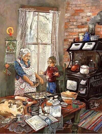 LOVE IS GRANDMAS KITCHEN Grandmas House, Art Et Illustration, Norman Rockwell, Christmas Scenes, Art And Illustration, Country Art, Mail Art, Kitchen Art, Christmas Pictures