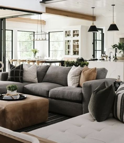 Family Room With Charcoal Sectional, Black And White Kitchen Living Room, Dark Neutral Living Room Cozy, Gray Sectional Couch Living Room Ideas, Gray Couch Family Room, Pewter Couch Living Rooms, How To Style A Dark Grey Couch, Masculine Coastal Decor, Farmhouse Living Room Dark Couch