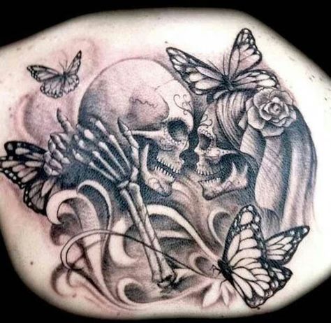 9 Best Skull Tattoo Designs with Meanings | Styles At Life Skeleton Couple Tattoo, Skull Couple Tattoo, Skull Tattoo Designs, Sugar Skull Tattoos, Tattoos Geometric, Tattoos Skull, Butterfly Tattoo Designs, Skull Tattoo Design, Badass Tattoos