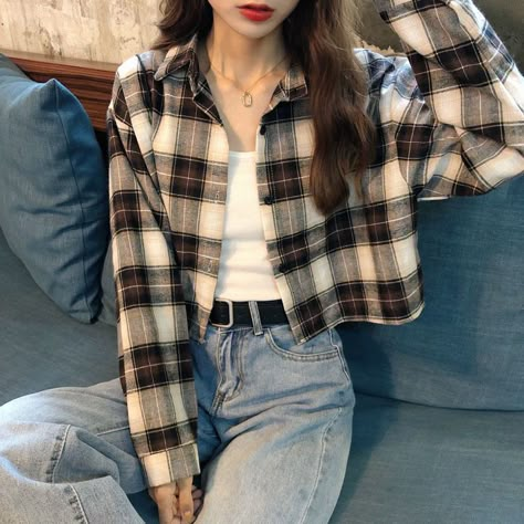 Sancus Plaid Crop Shirt | YesStyle Shirts Women, Long Sleeve Crop, Korean Outfits, Long Sleeve Crop Top, Plaid Shirt, Fashion Inspo Outfits, Korean Fashion, Fashion Inspo, Casual Outfits