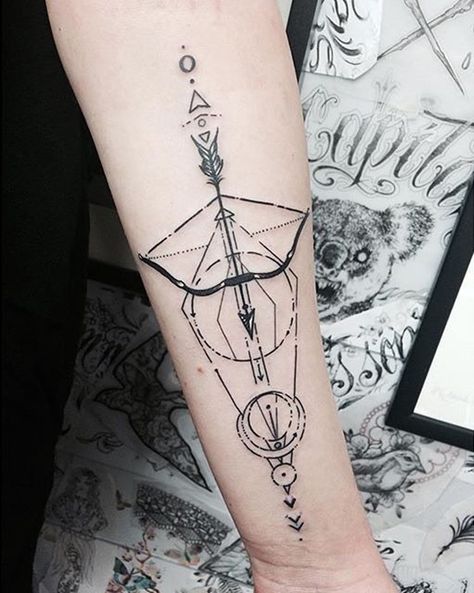 Bow and arrow tattoo designs are becoming truly fashionable, especially among women. Bow tattoos are great because they can come in all shapes, sizes, and Arrow Tattoo Meaning, Bow Arrow Tattoos, Bow And Arrow Tattoo, Mens Arrow Tattoo, Meaning Of Arrow Tattoo, Sagittarius Tattoo Designs, Tattoo Arrow, Sagittarius Tattoo, Arrow Tattoo Design