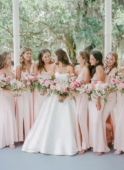 Light Pink Mixed Bridesmaid Dresses, Light Pink Wedding Aesthetic, Pink And White Flowers Wedding, Bridesmaid Dresses Theme, Spring Wedding Bridal Party, Pale Pink Wedding Theme, Light Pink Wedding Flowers, Light Pink Wedding Theme, Pink Wedding Aesthetic