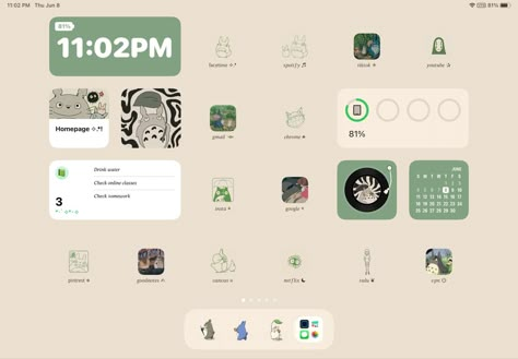 My Neighbor Totoro Aesthetic, Green Studio Ghibli, Totoro Aesthetic, Ipad Homescreen Ideas, Ipad Layouts, Green Ipad, Studio Ghibli My Neighbor Totoro, Ipad Setup, Widgets Aesthetic