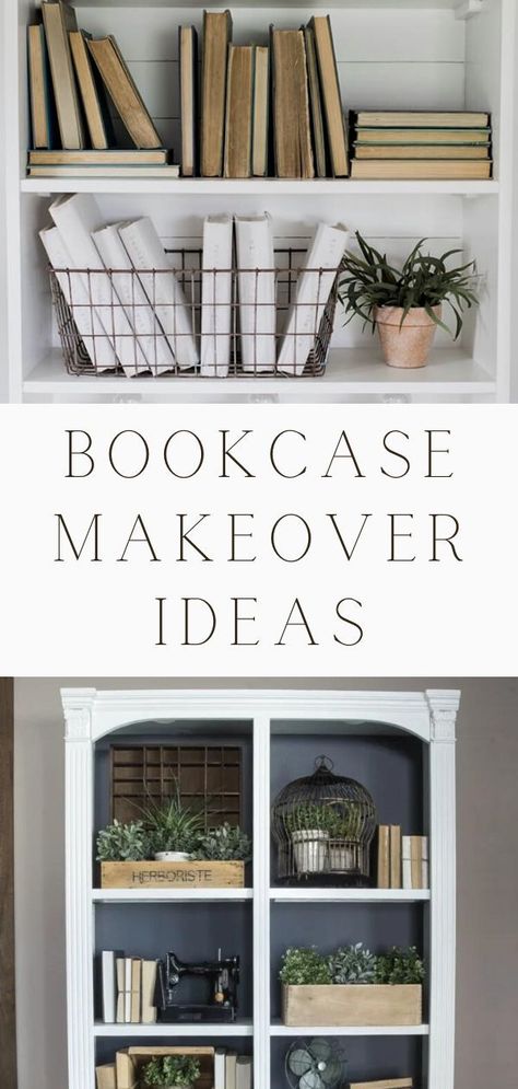 Beautiful bookcase makeover ideas. These ideas include paint finishes, wallpaper and what to put on your shelves. DIY Bookshelf Makeover That's Not Just For Bookworms. Styling, Decor, On Wall, Ideas, Organization, Kids, Bedroom, Small, Farmhouse, White, Rustic, Vintage, Built In, Grey, and With Books. bookcas, Best bookshelf organizing, bookshelf decor, bookshelf decorative books, bookshelf styling with books, bookshelf makeover, and bookshelf inspiration Bookshelf Makeover Ideas, Bookcase Makeover Ideas, Bookshelf Styling With Books, Diy Bookshelf Makeover, Styling With Books, Farmhouse Bookshelf Decor, Diy Makeover Ideas, Wallpaper Bookshelf, Bookshelves Living Room