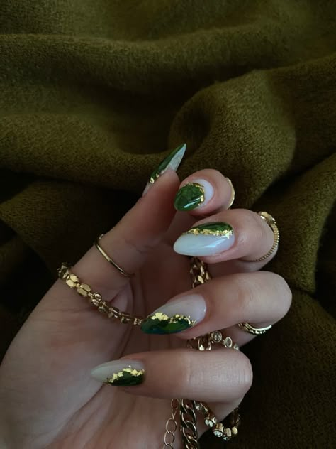 White N Green Nails, White And Green Nails With Designs, Green And Gold Coffin Acrylic Nails, Green Gold Almond Nails, Dark Green And White Nails Acrylic, Boho Nails Green, Gold Leaf Nails Green, White Gold Green Nails, Green White Gold Aesthetic