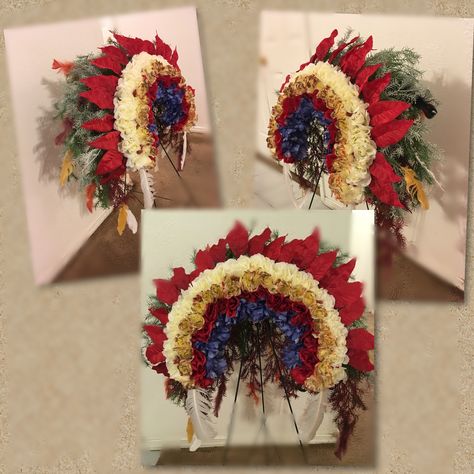 Native American Headdress flower arrangement - all sides shown Native American Flower Arrangements, Native American Floral Arrangements, Native American Headdress, Indian Headdress, American Theme, Indian Head, Spring Wreaths, Flower Show, Flower Ideas