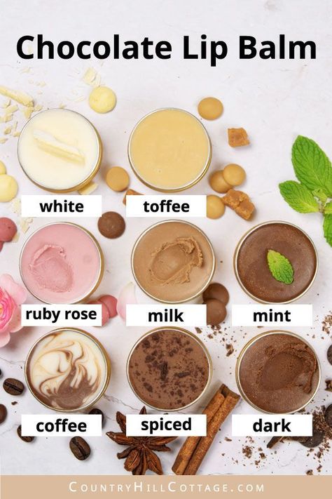 DIY Chocolate Lip Balm - 8 Recipes Diy Coffee Lip Balm, Chocolate Lip Balm Recipe, Lip Balm Flavors Essential Oils, Diy Natural Lip Balm Recipes, Lip Balm Flavor Ideas, Diy Chocolate Recipe, Easy Diy Self Care Products, Creamy Lip Balm Recipe, Lip Balm Ideas