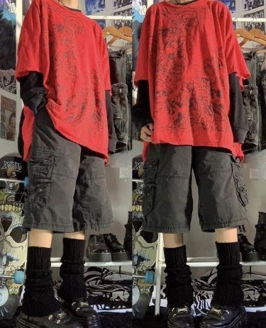 Goth Attire For Men, Porter Geiss Icon, Cool Alt Outfits Male, Cargo Shorts With Leg Warmers, Men Alt Outfits, Masculine Outfits Grunge, Spring Grunge Outfits Men, Outfit Inspo Alt Masc, Y2k Grunge Outfits Masc