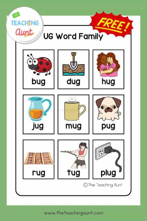 UG Word Family List - The Teaching Aunt Ug Words Worksheet, Ug Family Words Worksheet, Ug Family Words, Ug Word Family, Writing Cvc Words Worksheets, Word Family Sort, Word Family List, Words Family, Art And Craft Activities