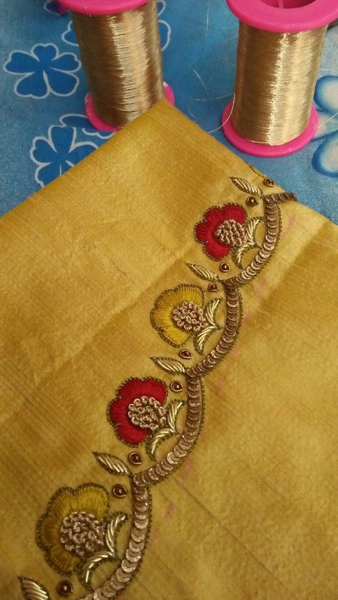 New Hand Work Designs Blouse, Dress Hand Work Design, Khatli Work Blouse Design New Simple, Jardosi Work Design On Blouse, Jardosi Maggam Work Blouse Designs, Hand Work Neck Designs, Jardosi Work Design In Kurti, Jardoshi Work Design Kurti, Nice Blouse Designs