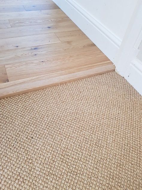 Rug Over Tile Floor Living Rooms, Natural Carpet Living Room, Wood Hallway Carpet Bedroom, Cottage Bedroom Carpet Ideas, Sisal Flooring Living Room, Wall To Wall Jute Carpet, Carpet Inspo Living Rooms, Carpet With Light Wood Floors, Beige Carpet White Walls