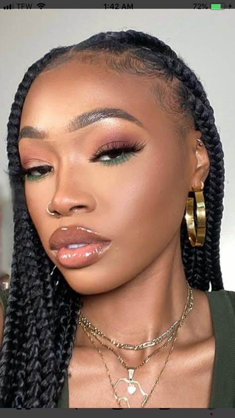 Good And Green Makeup, Colored Eyeliner On Dark Skin, Green Inspired Makeup Look, Orange Green Makeup Looks, Soft Glam With Pop Of Color, Colored Undereye Makeup, Green Makeup Black Women, Green And Gold Makeup Looks Black Women, Spring Makeup Looks For Brown Eyes